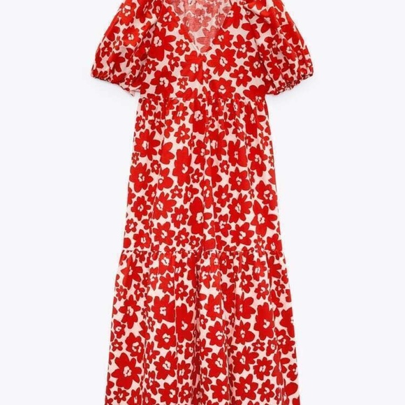 Zara Midi Dress - Red and White V-Neck Poplin Printed Puff Short Sleeve Dress - Picture 4 of 5